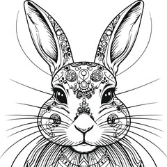 A perfectly symmetrical, front-facing rabbit face coloring page illustration, drawn with clean, consistent black ink lines in minimalist style 2