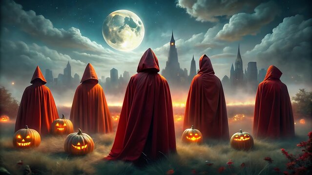 Spooky halloween night with carved pumpkins and hooded figures - Powered by Adobe