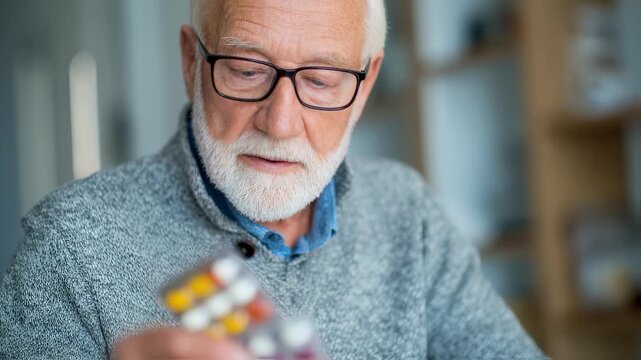Focused medium shot of elderly man reading memory improvement notes holding multivitamins blurred background hints at cognitive training tools illustrating holistic brain health