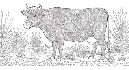 Intricate Coloring Page of a Cow by a Pond with Ducks