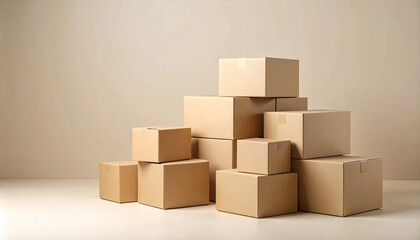 Cardboard boxes arranged in a pyramid on warm neutral beige background, soft studio lighting and gentle shadows; brandless and taped with copy space—ideal for ecommerce, logistics, moving, shipping