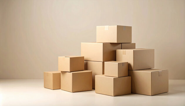 Cardboard boxes arranged in a pyramid on warm neutral beige background, soft studio lighting and gentle shadows; brandless and taped with copy space—ideal for ecommerce, logistics, moving, shipping