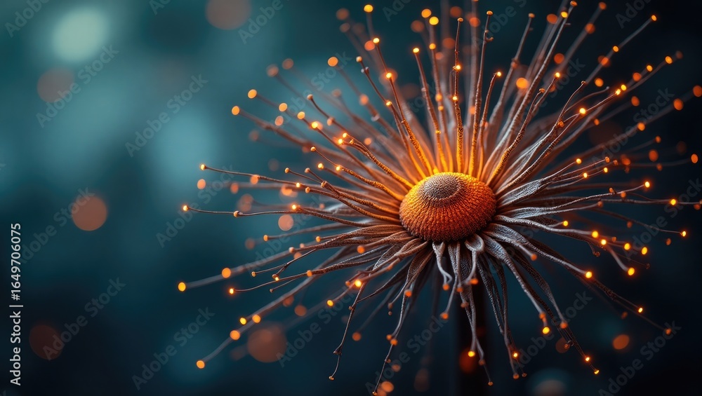 Poster illuminated flower-like structure with glowing filaments.