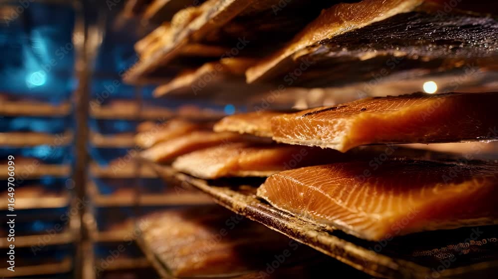 Poster medium shot capturing layers of fish stored in a lowoxygen dryaging chamber emphasizing rich umami t