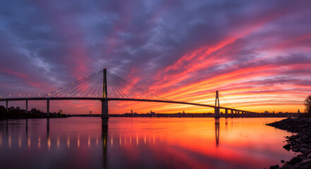 Obraz premium Illuminated Bridge Over River at a Dramatic Sunset