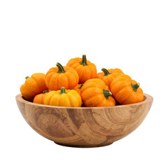 Wooden bowl filled with mini pumpkins isolated on transparent background  