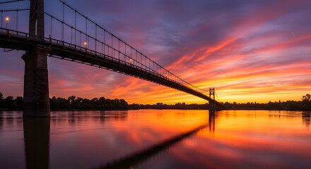 Fototapeta premium Bridge Over River at Sunset with Orange Sky and Water Reflection