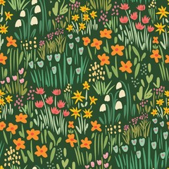Colorful spring wildflower meadow blooming garden floral illustration nature inspired seamless pattern for textiles wallpaper and fabric sublimation