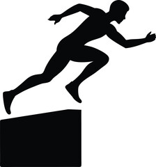 Athletic runner jumping over obstacle silhouette isolated on white background