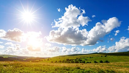 Obraz premium Sunny day landscape with hills and clouds.