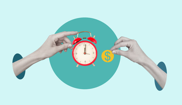 Savings and Retirement. Salaries or Pay for full time job. Credit and Debt Management. Hands with red clock and yellow money