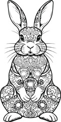A perfectly symmetrical, full-body rabbit coloring page illustration, drawn with clean, consistent black ink lines in minimalist style. The rabbit is sitting upright with its ears up 2