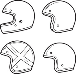 Four black and white line drawing icons of vintage motorcycle helmets retro cafe racer