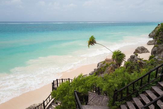 tropical beach with palm trees in Tulum, Mexico