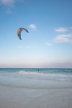 kite surfing on the sea in Tulum, Mexico