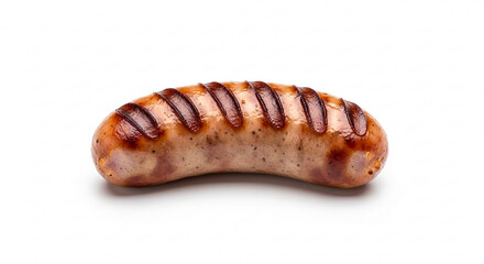Close-up studio shot of a grilled sausage with grill marks on a white background.