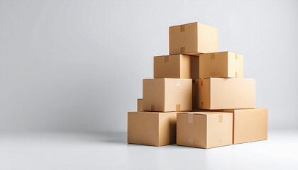 Obraz premium Minimalist stack of cardboard boxes, taped and brandless, pyramid on clean grey studio background with copy space; ideal for logistics, ecommerce, warehousing, shipping and delivery visuals.