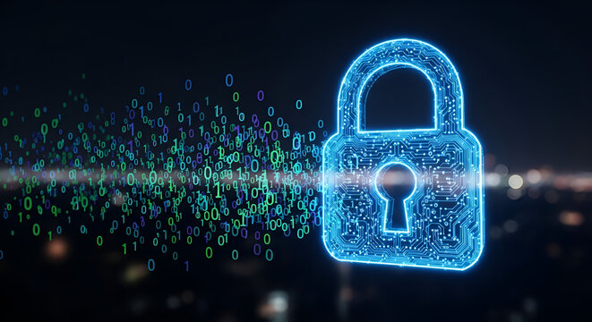 Blue glowing padlock symbolizing digital security against a dark cityscape background - Powered by Adobe