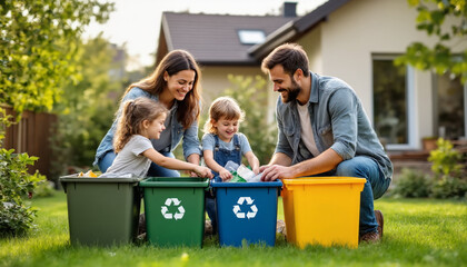 Caucasian young adult woman and man helping two Caucasian children sorting recyclable materials into colored bins outdoors in residential backyard, all smiling and engaged in activity