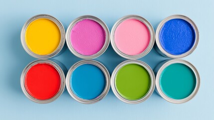 Open Paint Cans in Full Color Spectrum Flat Lay