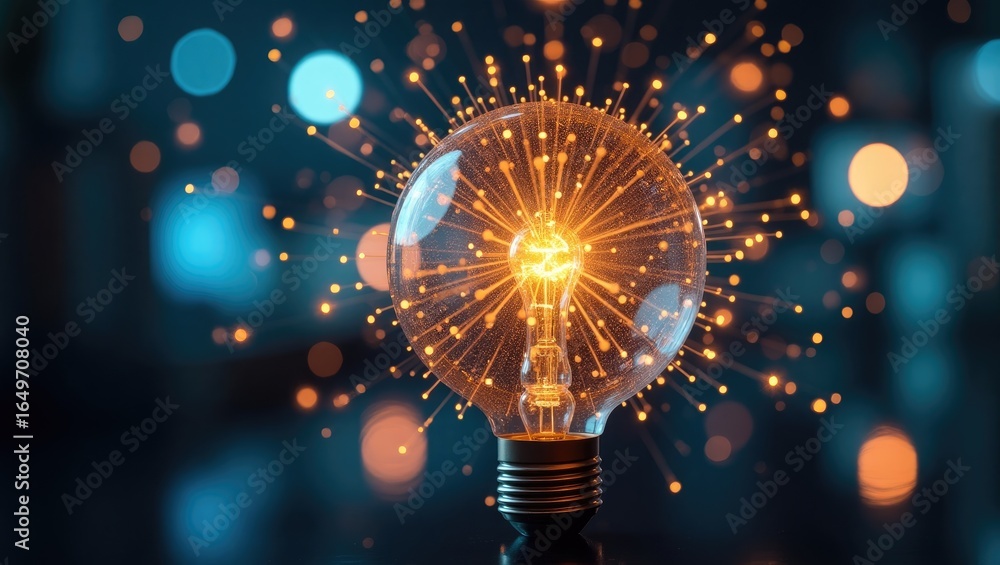 Poster illuminated lightbulb with radiating light particles.