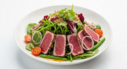 A beautifully arranged tuna salad with fresh greens, tomatoes, and red onions on a white plate.