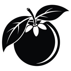 Monochrome Illustration Glossy Round Fruit with Two Pointed Leaves and Short Stem