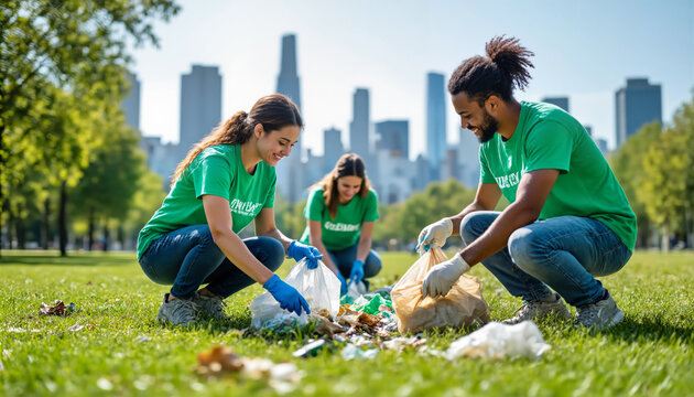 Group of young adult multiethnic volunteers cleaning park, collecting litter and sorting trash into bags, wearing gloves, crouching on grass with city skyline in background