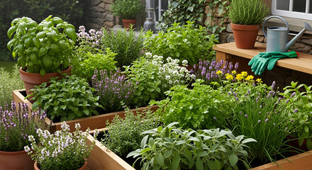 Herb garden with various herbs and wooden frame