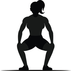 Silhouette of a muscular woman performing a squat exercise isolated on white background