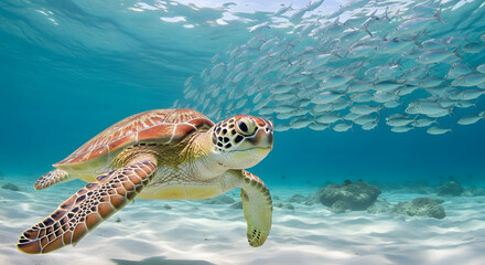 Fototapeta premium Sea Turtle Swimming with Fish in Underwater Scene