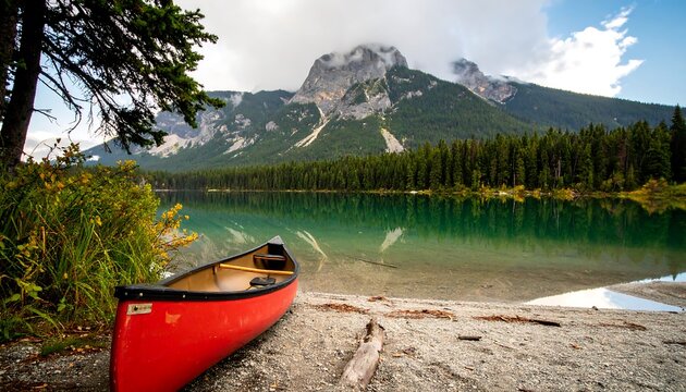 Red canoe on a tranquil lake shore, nestled beneath majestic mountains. - Powered by Adobe