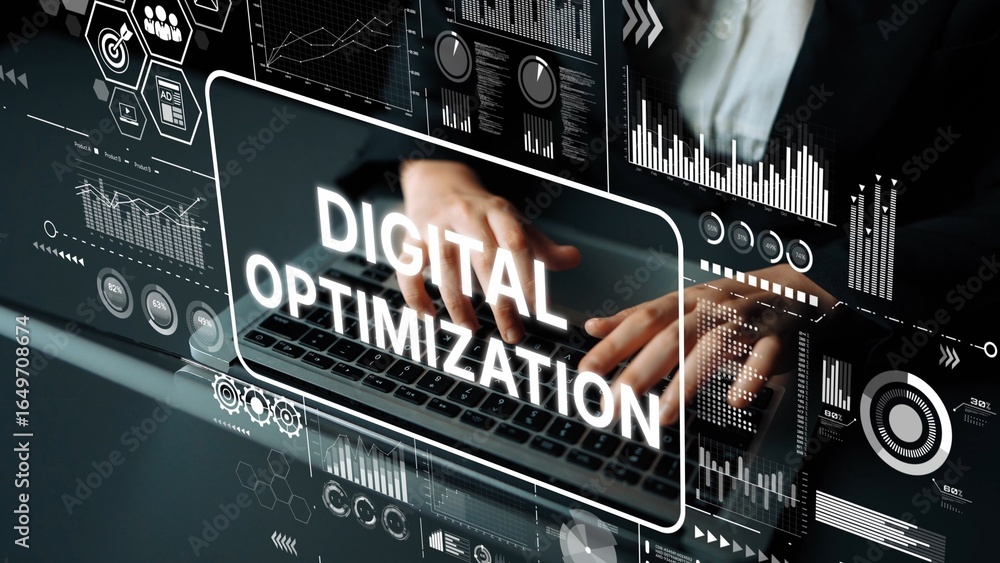 Poster digital optimization concept with data analytics and keyboard interaction for business growth strate