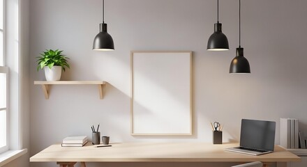 Modern home office setup with pendant lights
