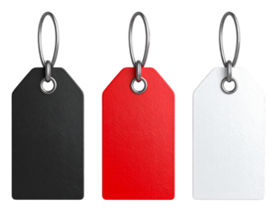 Front View Set of Black, Red, and White Blank Price Tag Badges with Metal Ring, 3D Render, Transparent Background