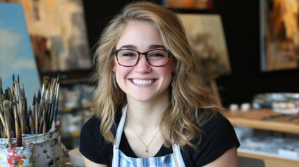 A smiling young artist in an apron sits in a bright studio filled with painting supplies and artworks, exuding creativity and enthusiasm.