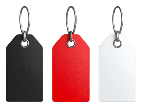 Front View Set of Black, Red, and White Blank Price Tag Badges with Metal Ring, 3D Render, Transparent Background
