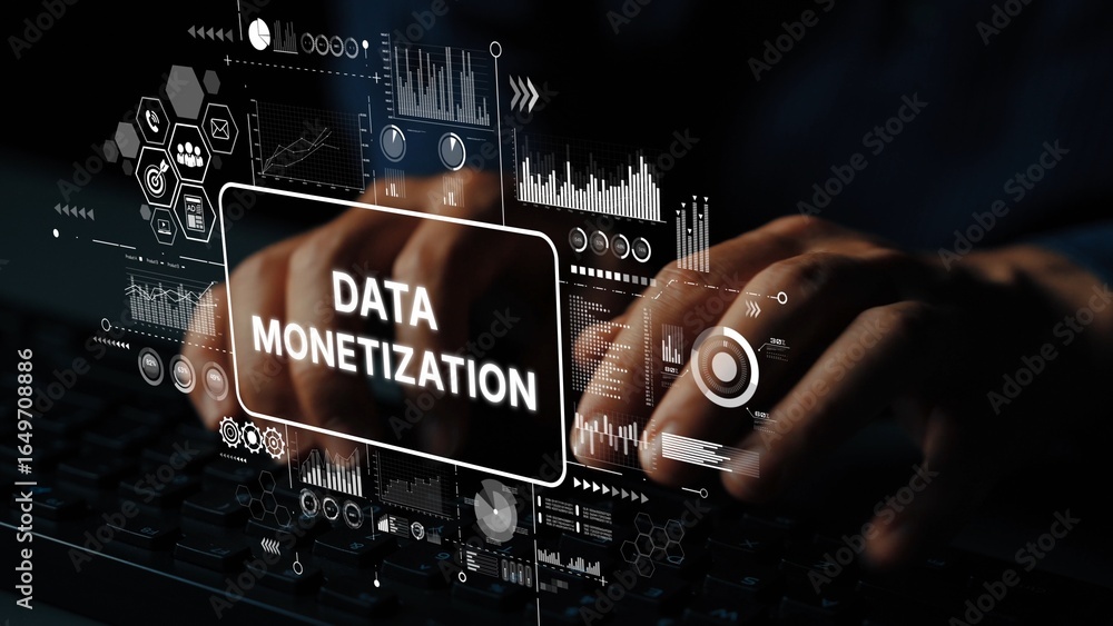 Poster hands typing on keyboard with data monetization graphic overlay and digital analytics elements. asym