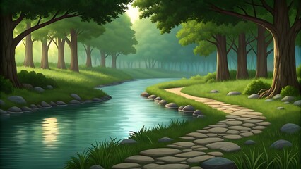 Obraz premium Serene forest landscape with a calm river