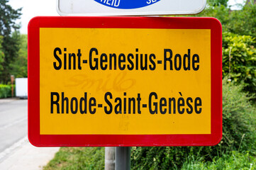 Fototapeta premium Road sign of the village of Sint Genesius Rode, Flemish Brabant, Belgium