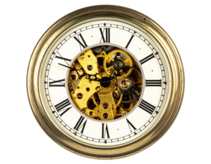 Front View of Vintage Pocket Watch with Roman Numerals and Exposed Gears, Isolated on Transparent Background
