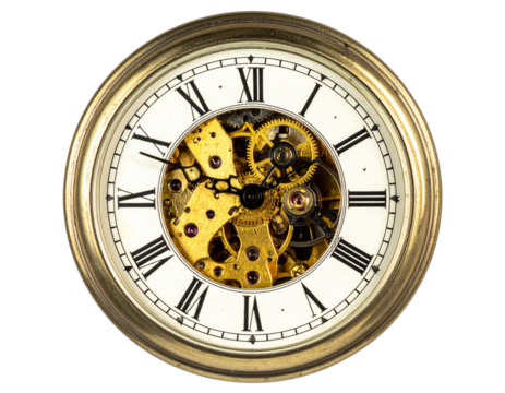Front View of Vintage Pocket Watch with Roman Numerals and Exposed Gears, Isolated on Transparent Background