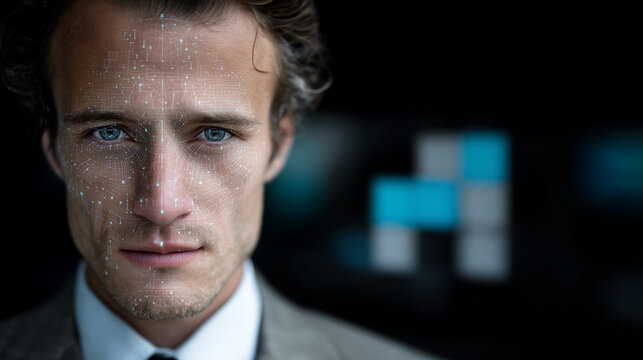 Man's face covered by biometric calculations lights.