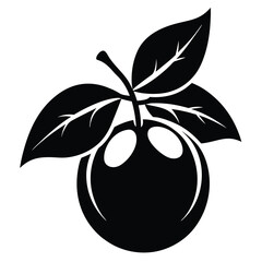 Black and White Vector Illustration of Single Berry with Three Leaves and Stem