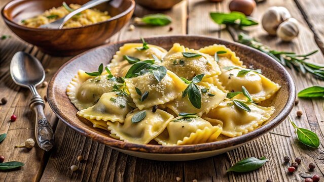 Plin al Burro e Salvia &ndash; stuffed pasta, butter sage sauce, parmesan sprinkle, wooden countryside setting