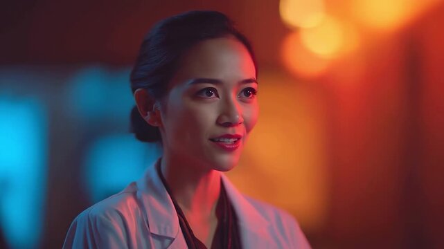 Compassionate female Thai doctor's warm smile then whip panning to a cold heartless glowing AI diagnostic doctor &mdash; symbolizing AI taking over jobs.