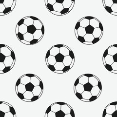 A seamless pattern of soccer balls in black outline on a light gray background