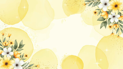 watercolor floral background template for cards, elegant yellow floral frame for wedding, soft watercolor invitation with white and yellow flowers