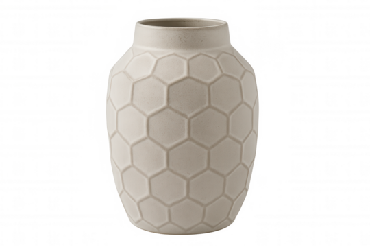 White ceramic vase featuring honeycomb pattern, minimalist studio rendering against transparent backdrop, highlighting contemporary home decor design aesthetic