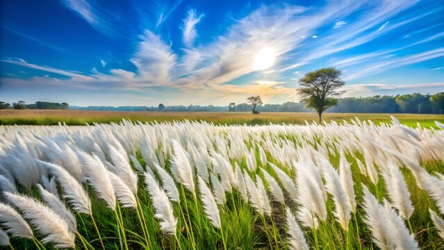 Photo of a serene landscape featuring a vast field of white kash flowers under a bright blue sky with scattered clouds, evoking a sense of tranquility and natural beauty in the countryside